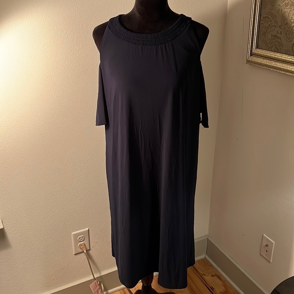 Nine West Dark Blue Cold Shoulder Short Sleeves Shift Dress Sz 14